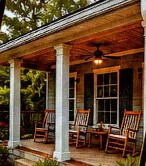 Covered front porch with rocking chairs